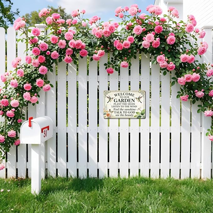 Funny Garden Metal Signs, Vintage Outdoor Wall Decor 8x12 Inch | Welcome To Our Garden Sign, Weatherproof Aluminum Sign for Patio Yard Greenhouse, Gift For Gardeners