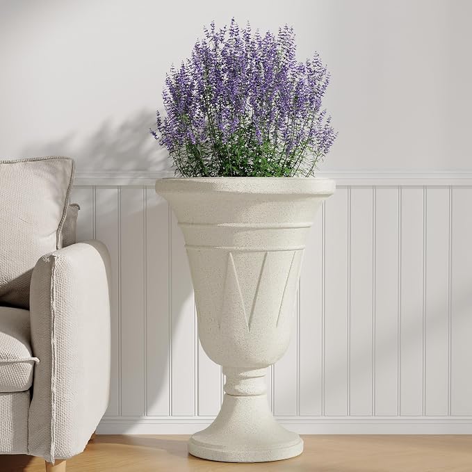 23" Tall Planters for Outdoor Plants Set of 2, Planter with Drainage Holes and Trophy Design, Large Outdoor Planters for Porch, Garden, Beige