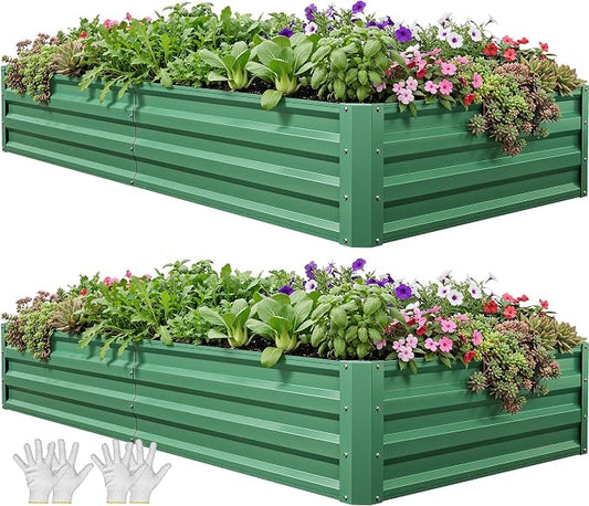 YITAHOME 6x3x1ft 2pcs Large Raised Garden Bed Kit, Galvanized Metal Planter Box with Gloves, Ground Nails, Support Rod, Outdoor Above Ground Planters for Plants Vegetables Flowers, Green