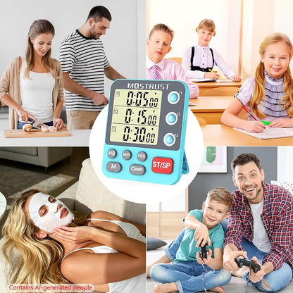 Digital Dual Kitchen Timer, 3 Channels Countdown Triple Timer for Cooking, Magnetic Memory-Preset Large-Display Adjustable Alarm Volume, Multi Times Management, 3A Battery Included, Blue