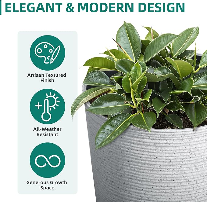 2-Pack 23.5" White Plastic Tall Tapered Planters with Ribbed Texture | Set of 2 PP tall planters with white faux terrazzo look, ribbed texture, drainage plugs, and UV-treated finish for porch
