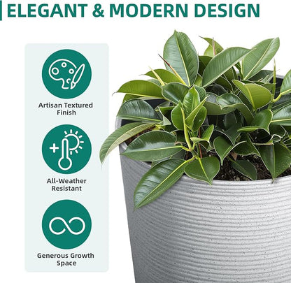 2-Pack 23.5" White Plastic Tall Tapered Planters with Ribbed Texture | Set of 2 PP tall planters with white faux terrazzo look, ribbed texture, drainage plugs, and UV-treated finish for porch