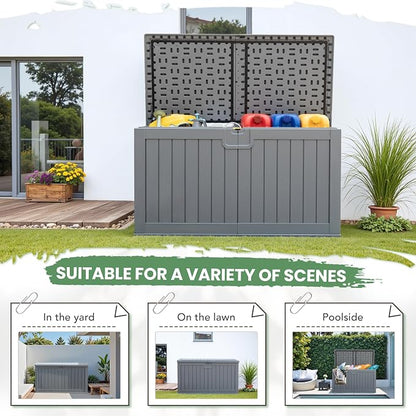 Greesum 230 Gallon HDPE Outdoor Storage Box with Removable Dividers, Weatherproof Oversized Deck Box for Patio, Garage, Garden, Gray