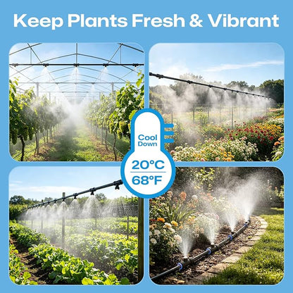 Misters for Outside Patio 50FT/15M, Outdoor Water Misting Cooling System with 15 Brass Nozzles. Backyard Mist Kit for Garden Greenhouse Fan Umbrella Chicken Coop, Dog House