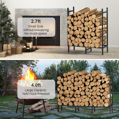 4FT Firewood Rack Indoor Outdoor, Heavy Duty Log Holder Stand for Fireplace, Adjustable Wood Storage Organizer with Weather-Resistant Tubular Steel, Cradle for Kindling & Stacking Logs