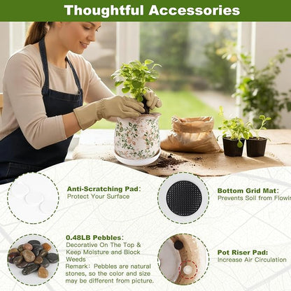 Ceramic-Planters-for-Indoor-Plants with Saucer, 6 inch Vintage Ice Crackle Glaze Plant Pots with Drainage Holes, Decorative Flower Pots for Outdoor Garden Home Decor, Tuscan Pot for Plant