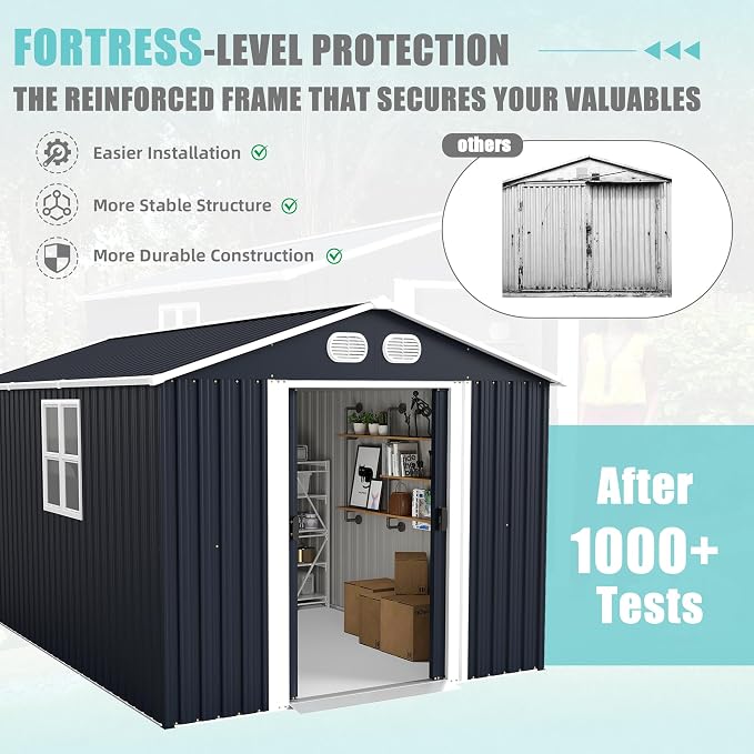 YOPTO 8x12 FT Outdoor Storage Shed, Metal Garden Shed with Window, Lockable Door & Sloped Roof, Large Waterproof Utility Tool Shed for Backyard, Garden, Patio, Lawn, Dark Gray