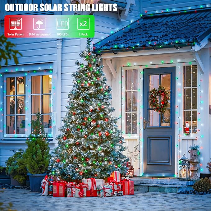 JMEXSUSS 2 Pack Solar Christmas Lights Tot. 66FT 200LED Red White and Green | Outdoor Waterproof, 8 Modes Solar String Lights for Outside Patio Christmas Tree Garden Yard Xmas Decorations