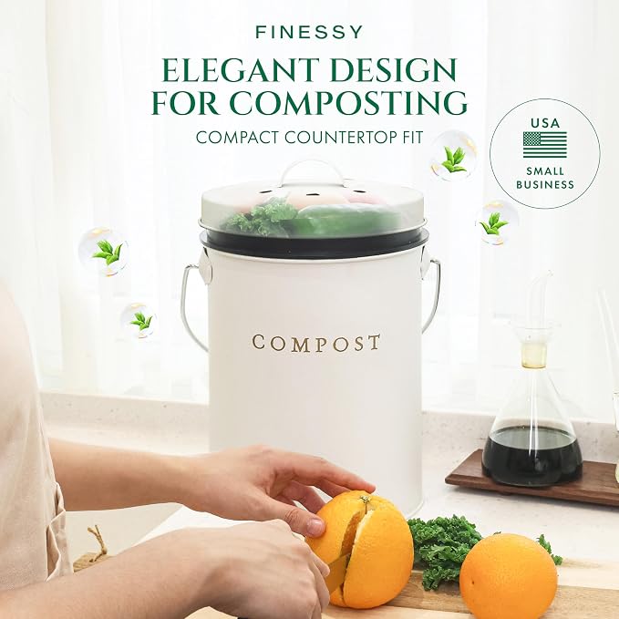 White 1.3 Gallon Indoor Compost Bin Kitchen Odorless with Lid for Composting Food Waste Bucket for Counters, Stainless Steel Kitchen Compost Bin Countertop Trash Can Scrap Container Composter Caddy