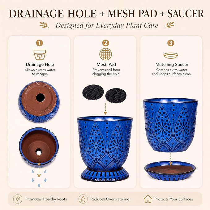 Gepege 6 Inch Beaded Ceramic Planter Set of 2 with Drainage Hole and Saucer for Plants, Indoor-Outdoor Large Round Succulent Orchid Flower Pot (Blue, for Inner-pots not Larger Than 5 Inch)