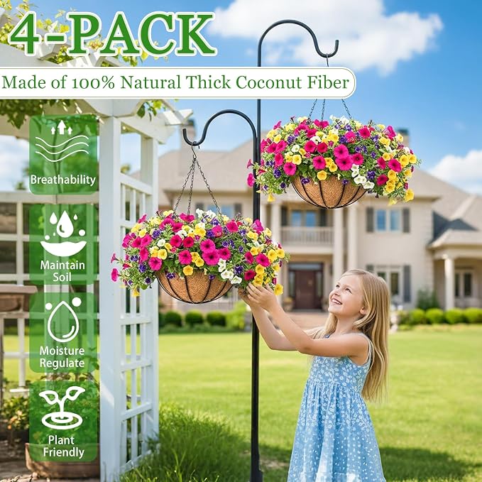 Hanging Planters for Outdoor Plants 4 Pack 12 inch Metal Hanging Flower Basket with Coco Coir Liner Wire Plant Holder Watering Flower Baskets Pot Hanger Garden Decoration for Indoor Outdoor(XGL)