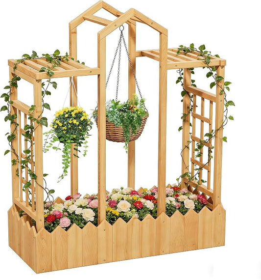 Raised Garden Bed with Trellis, Wood Elevated Planter Box with Trellis and Hanging Roof, Freestanding Outdoor Garden Planter for Flowers Herbs Climbing Vines