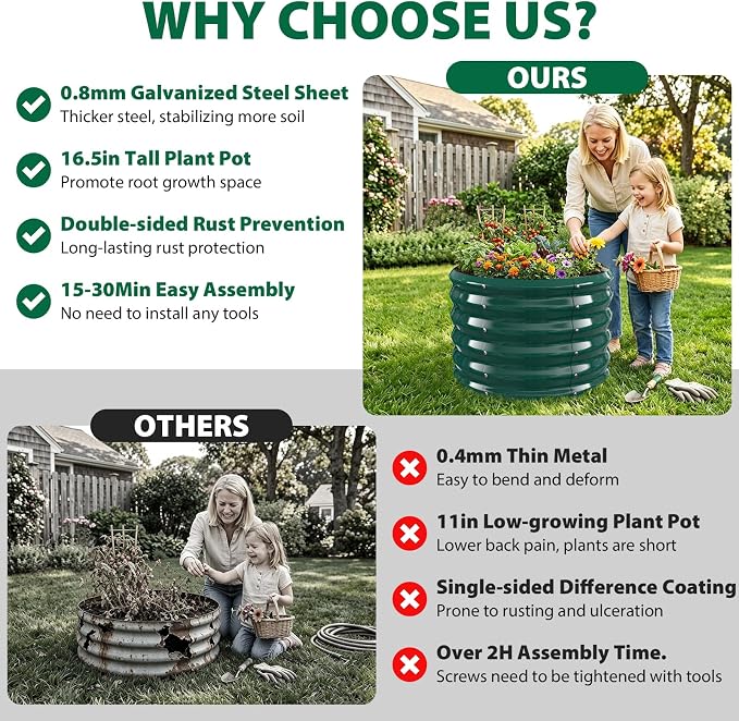 24" Diameter Round Raised Garden Bed - 17 Inch Tall, Heavy-Duty Galvanized Steel Planter Box with Wave-Shaped Panels for Vegetables, Herbs & Flowers (1, Green, 24 Inch Diameter)