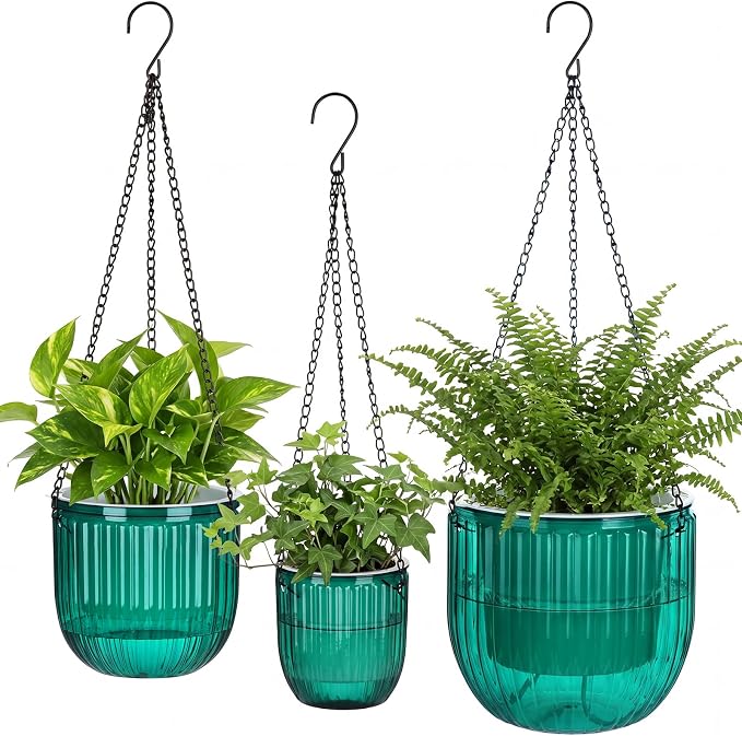 Maxcheck 3 Pcs Self Watering Hanging Planters Indoor Gift 6.9'' 6.5'' 4.5'' Hanging Flower Pots Baskets Outdoor Emerald Self Watering Plant with 3 Hooks Drainage Holes for Home