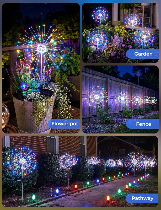 Multicolor Solar Lights Outdoor, 2 Pack 180LED Solar Garden Lights for outside, 8 Modes Firework Fairy light for Yard Pathway 4th of July Carnival Juneteenth Christmas Decor, Red/Yellow/Blue/Green
