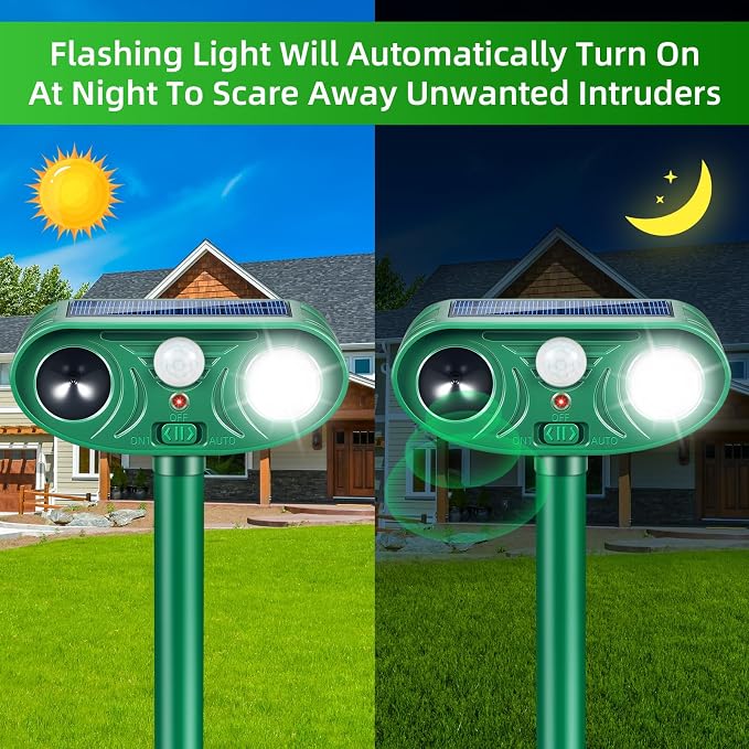 Solar Animal Repeller Outdoor 4 Pack, Motion Activated Deer Deterrent | Motion Activated Cat Repellent with LED Strobe Light Repeller Keep Squirrel Raccoon Skunk Rabbit Away from Yard Garden Farm