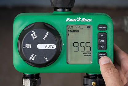 Rain Bird HET200 Electronic Digital Hose End Watering/Irrigation Timer, Battery Operated, 3/4" Garden Hose Thread, Heavy-Duty Brass Inlet, 2 Outlets/Ports
