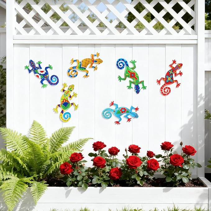 WANFSOWO 3D Metal Gecko Wall Art, Hand-Painted Colorful Lizard Wall Sculpture, Indoor Outdoor Hanging Decor for Garden Fence Patio Porch Backyard, Home Decor Gift (Style 3)