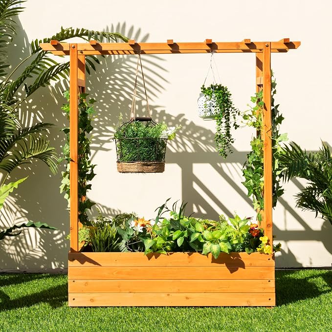 ORALNER Raised Garden Bed with Trellis, Wooden Planter Box with Climbing Frame, Outdoor Elevated Garden Box for Vegetables, Herbs, Flowers, Fruits (Small)