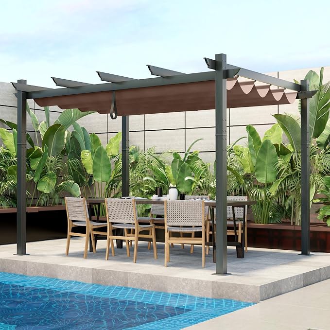 Tangkula 10x12 Ft Pergola, Heavy-Duty Aluminum Outdoor Pergola with Retractable Sun Shade Canopy, Extra Large Patio Shelter Pavilion, Metal Pergola Structure for Deck, Porch, Garden, Yard