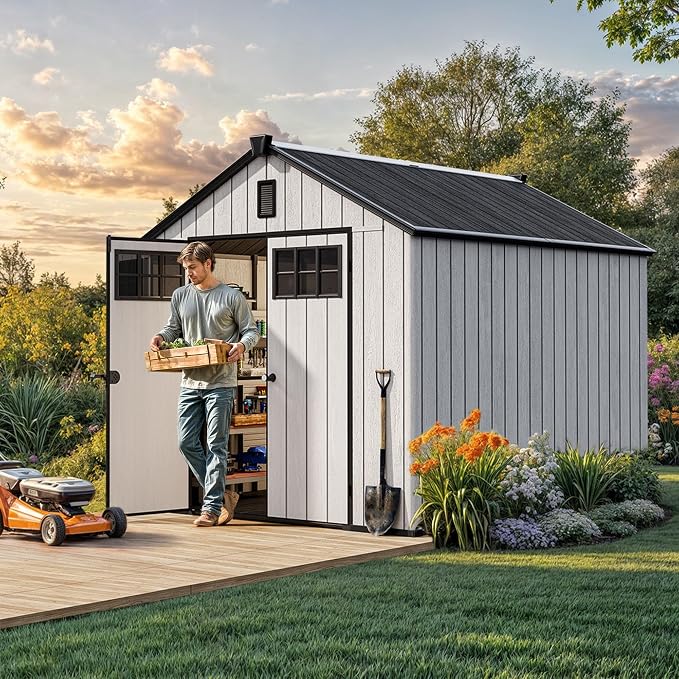 YITAHOME 8x10 FT Outdoor Storage Shed with Floor, Extra Thick Plastic Garden Shed for Bikes, Tools and Pool Supplies, Resin Storage Shed with Door, Window Insert & Vents for Patio Lawn Backyard, Gray