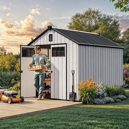 YITAHOME 8x10 FT Outdoor Storage Shed with Floor, Extra Thick Plastic Garden Shed for Bikes, Tools and Pool Supplies, Resin Storage Shed with Door, Window Insert & Vents for Patio Lawn Backyard, Gray