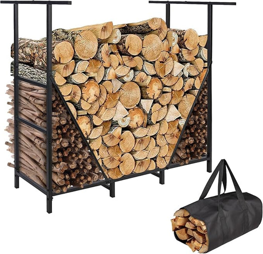 HONEST OUTFITTERS 4ft Firewood Rack Outdoor, Adjustable Heavy Duty Firewood Holder, Adjustable Wood Racks for Outdoor Indoor, Metal Log Racks for Firewood with Firewood Bag Carrier, Black