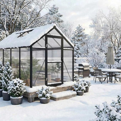 Garvee 6x8ft Walk-in Greenhouse, Heavy Duty Large Outdoor Green House | Polycarbonate Garden Greenhouse with Roof Vent, Lockable Outward-Opening Swing Door & Aluminium Frame for Backyard, Grey