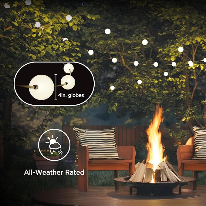 Enbrighten Globe Outdoor String Lights, 44ft, 12 Lights, White Light Only | 2700K Warm White LEDs, 4in Durable Plastic Globes, Weatherproof, Zip Ties Included for Mounting