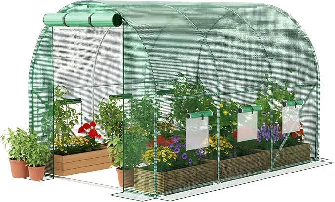 Superlele Heavy Duty Walk-in Greenhouse for Outdoor, 10x6.6x6.6FT Large Garden Green House with Reinforced PE Mesh Cover, 6 Roll-up Windows with Screen, 8 Ground Stakes and Ropes, Green