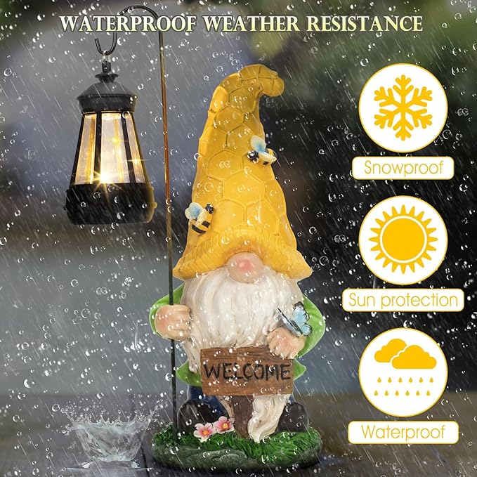 Solar Garden Gnome Statue with Lantern - Hand-Painted Resin Gnome Decor, IP44 Waterproof Outdoor Figurine for Yard Patio Porch, for Mom Women Housewarming Christmas