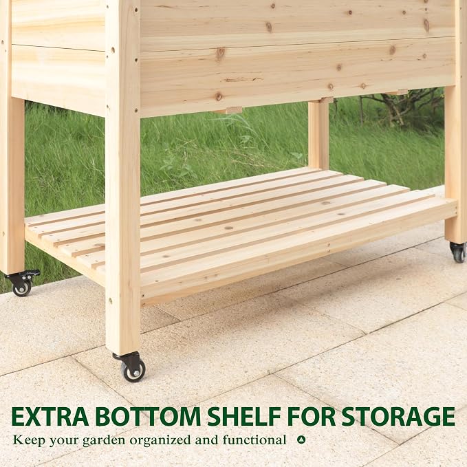 Yardenaler 48x24x33in Raised Garden Bed Featuring Legs, Outdoor Elevated Wood Planted Box Equipped with Wheels & Shelf for Vegetable, Flower, Backyard and Patio, Natural