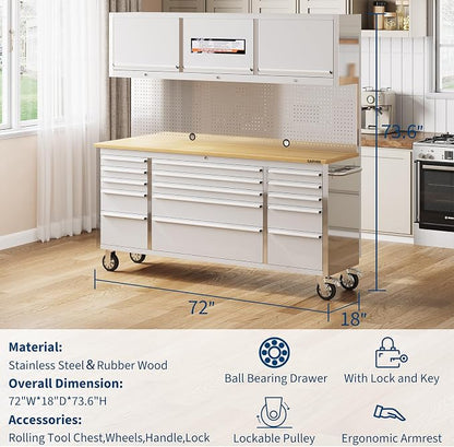 Garvee 72-Inch Heavy-Duty Rolling Tool Chest & Mobile Workbench with 9 Drawers & 3 Top Cabinet, Rubber Wood Tabletop, Key Locking System, Drawer Liners & Wheels, Steel Storage Cabinet for Garage