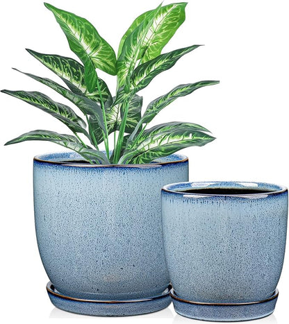GnFlus Ceramic Plant Pots 6 Inch + 5 Inch Set of 2, Flower Plants Pot with Drainage Holes and Saucers Tray Blue Planter Garden Pot for Succulent Cactus Home Decoration Gift Indoor Outdoor