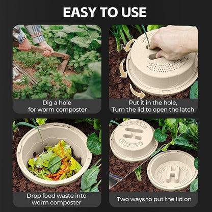 Warm Farm, 2-Pack 8L (2.11Gal) Inground Worm Composter, Outdoor Worm Compost Bin for Garden Beds & Home Use, Vermicomposting Bin for Beginners (9.5x9.5x10.8Inch), Wheat Straw Plastic