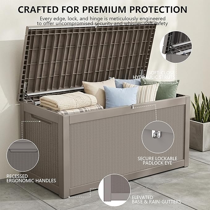 Outdoor Storage Box, 320 Gallon Waterproof Deck Box [Upgraded 3.0], Dual Gas-Spring Ultimate Resin Organizer for King Cushions, Heavy-Duty Lockable Estate Storage Bench, Backyard BBQ, Grey