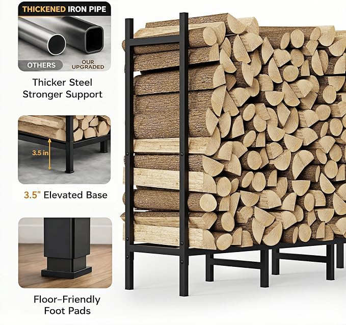 CADUKE Firewood Rack Outdoor, Adjustable 4FT to 2.64FT Heavy Duty Wood Racks for Firewood, Metal Log Rack Wood Storage for Indoor Fireplace Patio, Black