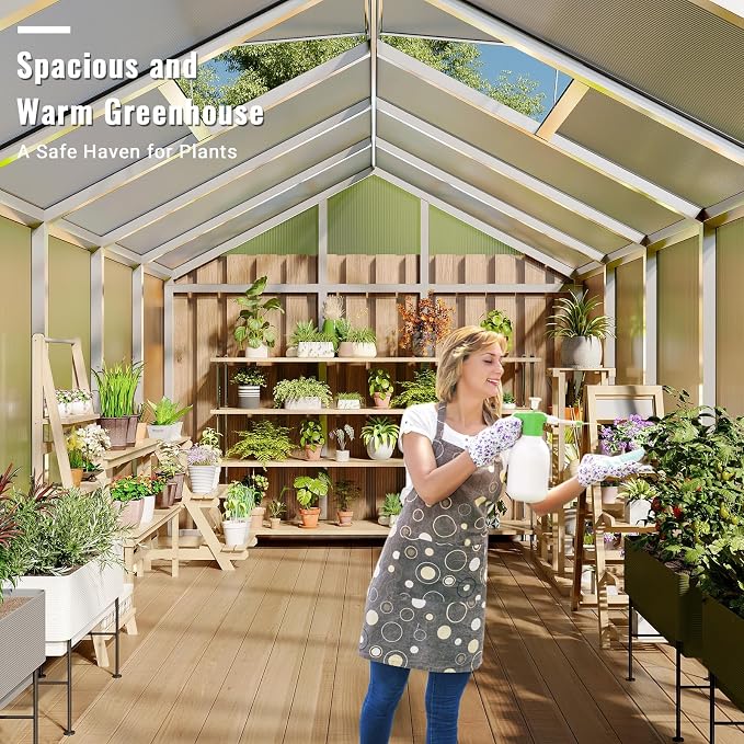 8X12 FT Greenhouse, Greenhouses for Outside, Aluminum Frame Polycarbonate Panels with Sliding Lockable Door and Ajustable Roof Vent, Spacious Walk-in Design for Backyard, Garden, Patio, Silver