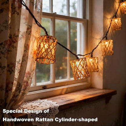 Decorative String Lights Plug in with 10 Incandescent Bulbs, Handwoven Rattan Cylinder-shaped Boho Lantern String Lights Connectable Weatherproof Outdoor Indoor for Bedroom Patio Pergola Decor (Beige)