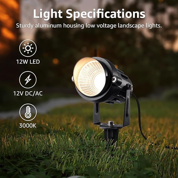 SUNVIE 12 Pack Low Voltage Landscape Lights with 300W Transformer 12-24V LED Landscape Lighting Kit 3000K Waterproof Aluminum Landscape Spotlights with Wire Connectors for House Yard Tree Garden