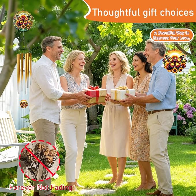 Butterfly Wind Chimes for Outside with Wind Spinner, Summer Garden Patio Yard Decor, Sunflower Monarch Butterfly Wind Chime with Colorful Gift Box, Birthday Housewarming Gifts for Women Mom