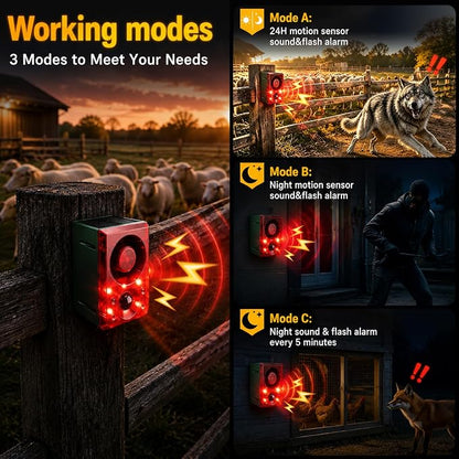 ChunHee Solar Outdoor Motion Sensor Alarm with Dog Barking Gunshot Sound, Support Recording and Adjustable Volume, 130db Loud Noise Maker 3 Work Modes Strobe Light for Home, Villa, Farm, Barn (6pack)