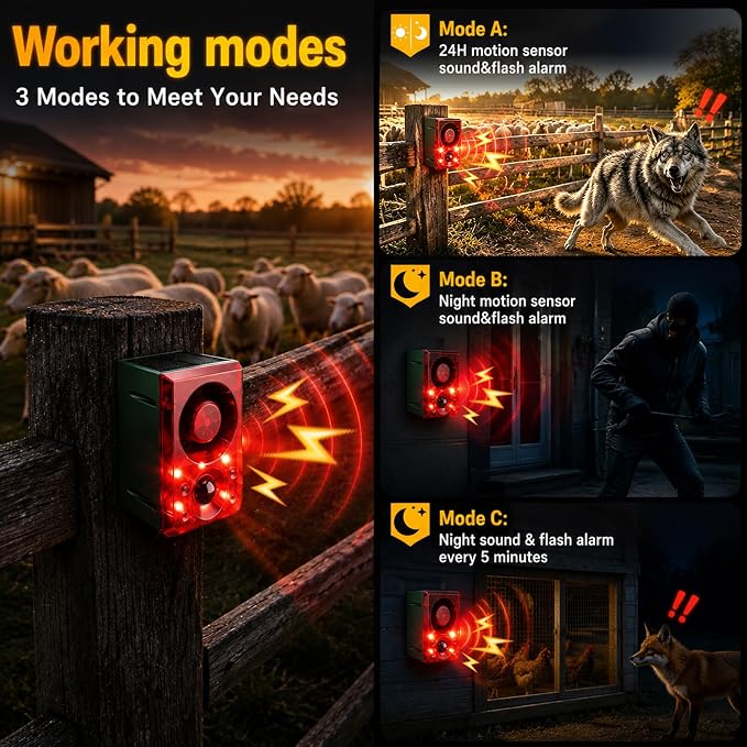 ChunHee Solar Outdoor Motion Sensor Alarm with Dog Barking Gunshot Sound, Support Recording and Adjustable Volume, 130db Loud Noise Maker 3 Work Modes Strobe Light for Home, Villa, Farm, Barn (4pack)