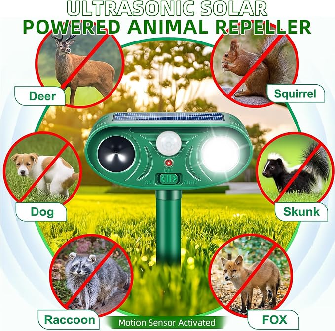 Solar Ultrasonic Animal Repellent Activated Deterrent for Deer | Cat, Squirrel, Raccoon, Rabbit & Bird, Waterproof Outdoor Animal Repeller with LED Strobe for Yard, Garden & Orchard