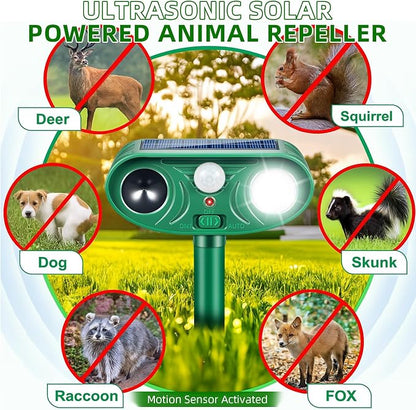 Solar Ultrasonic Animal Repellent Activated Deterrent for Deer | Cat, Squirrel, Raccoon, Rabbit & Bird, Waterproof Outdoor Animal Repeller with LED Strobe for Yard, Garden & Orchard