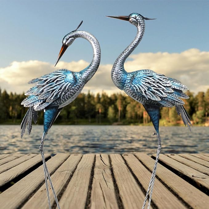 37-40Inch Outdoor Crane Garden Statues, Blue Heron Garden Statues, Large Metal Cranes for Yard, Lawn, Patio, Pond, Set of 2