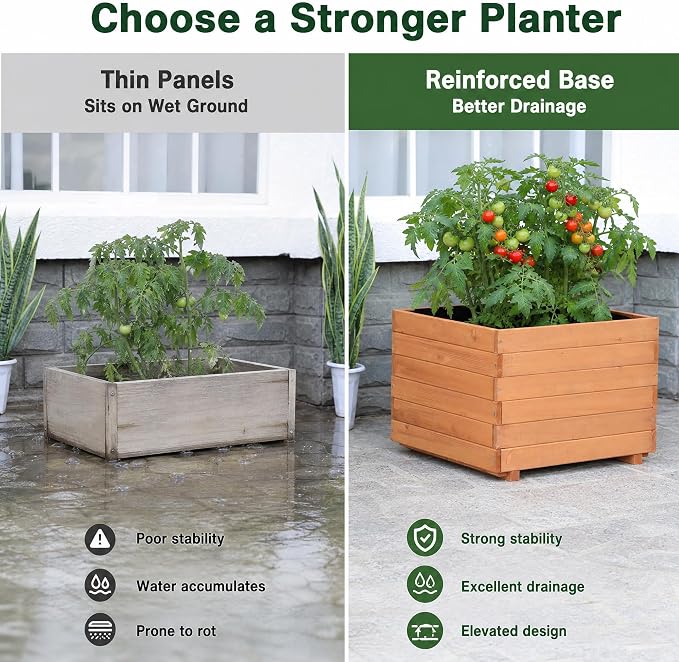 23.62" Square Wooden Planter Box, Planters for Outdoor Plants | Fir Wood Outdoor Garden Bed with 2 Drainage Holes Reinforced Bottom Support