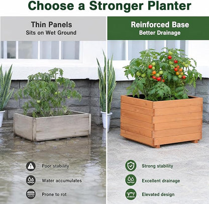 23.62" Square Wooden Planter Box, Planters for Outdoor Plants | Fir Wood Outdoor Garden Bed with 2 Drainage Holes Reinforced Bottom Support