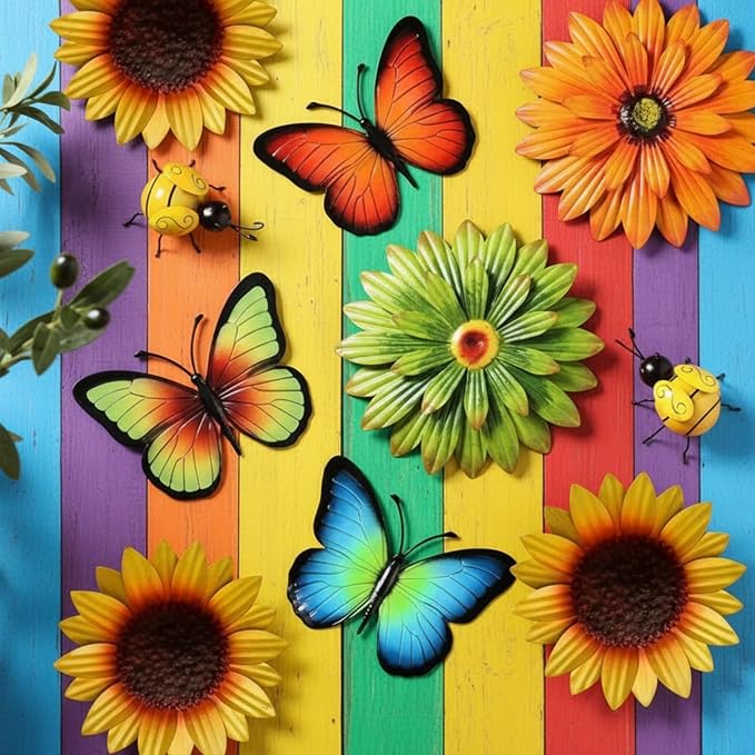 Therwen 10 Pcs Metal Wall Art Decor for Outside 3D Metal Sunflower Bee Butterfly Backyard Decorations Hanging Outdoor Wall Art Multicolored Flowers for Garden Fence Patio Yard Outdoor Porch