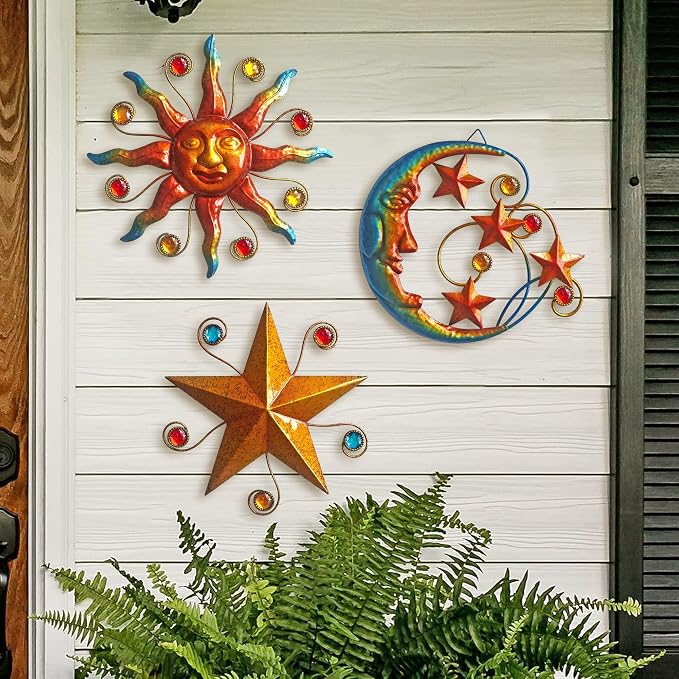 Limygus Set of 3 Celestial Sun Moon Star Metal Silhouette Wall Art, Waterproof Hanging Decor for Home Bedroom Bathroom Office